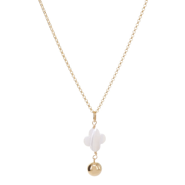 Gold necklace with a white pendant and gold ball on a white background
