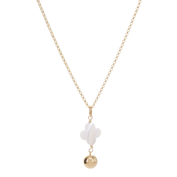 Gold necklace with a white pendant and gold ball on a white background